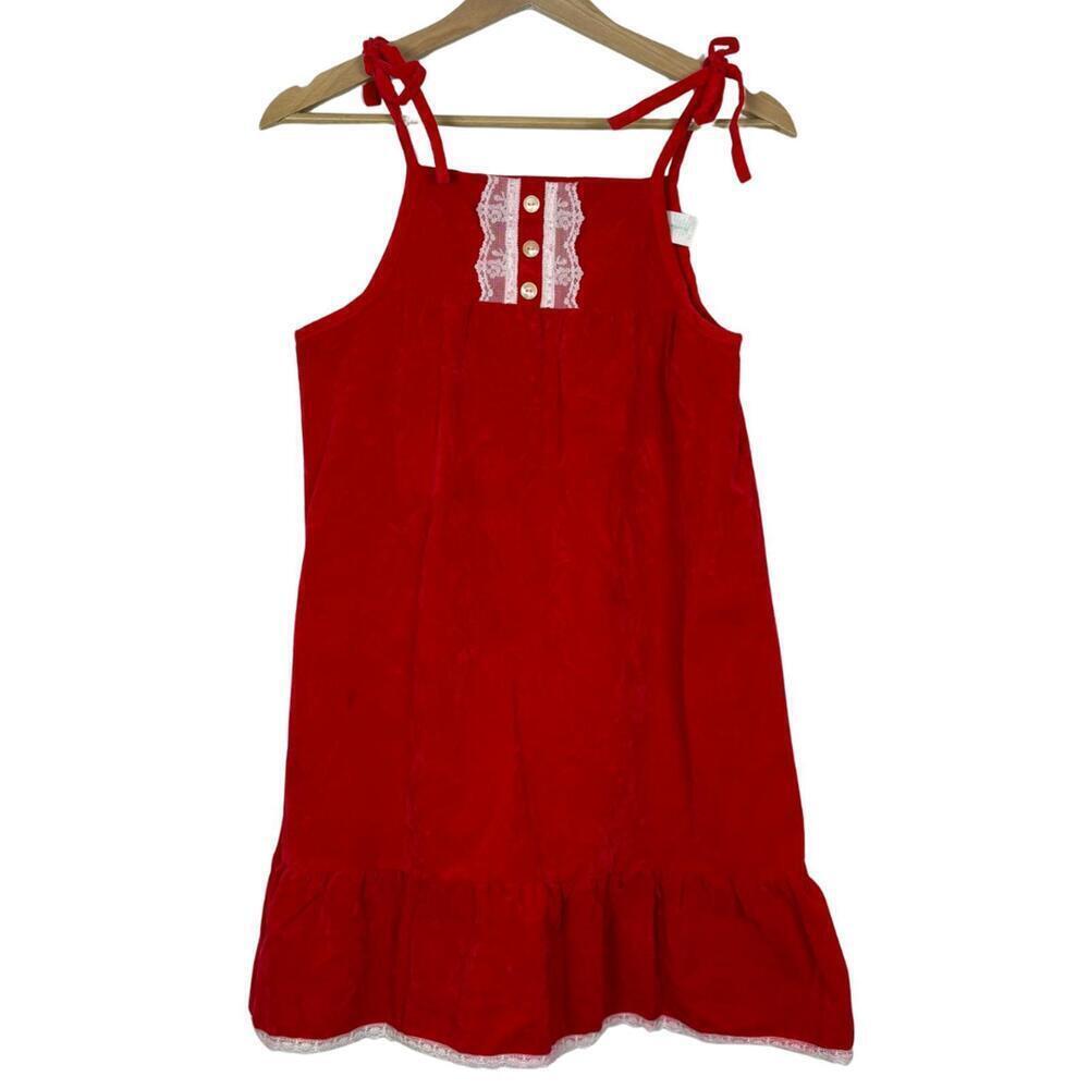 VTG Red Velvet Girls Midi Christmas Dress Lace Trim and Bow Straps Ruffle Hem